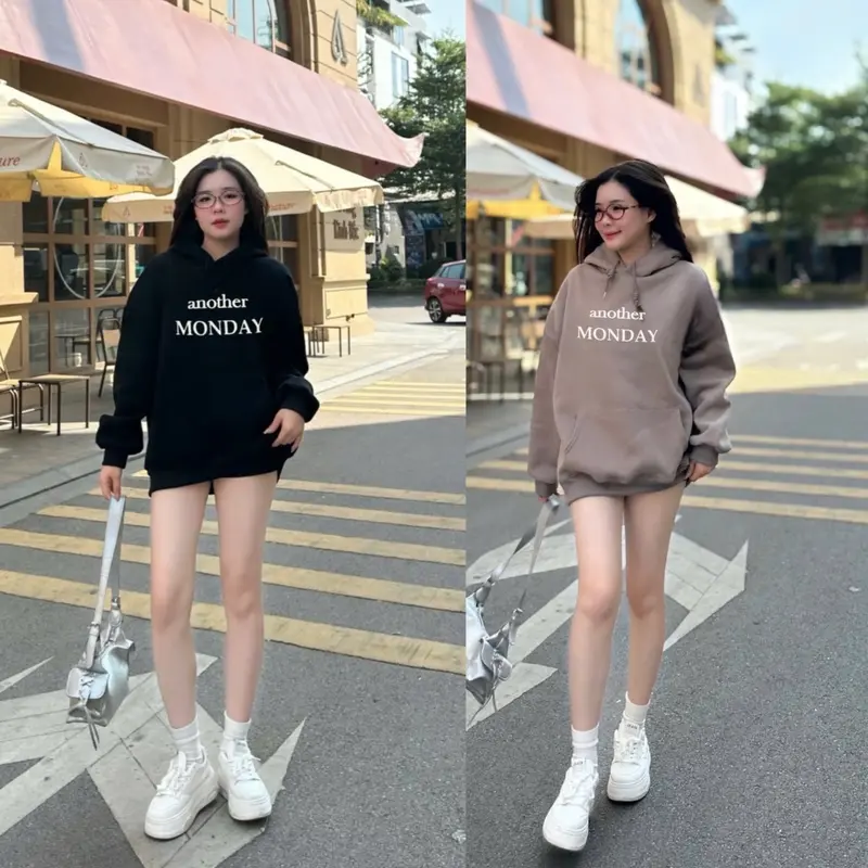 Áo hoodie nỉ tàu chữ Monday form thụng nam nữ tới 72kg Top Thun hoodie 0