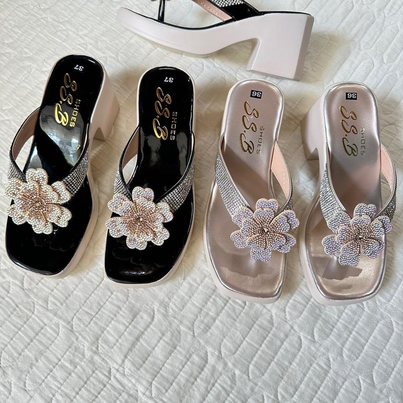 Dép kẹp nữ quai đính kèm xoàn đá và bông xinh ,đế pu bánh mì cao 7cm T29