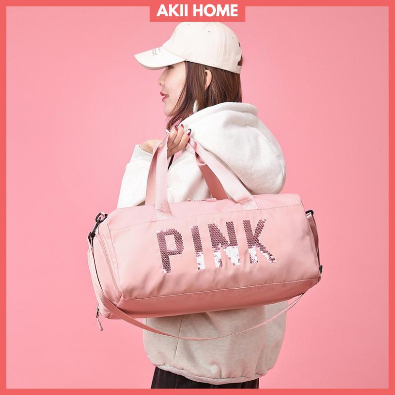Túi trống du lịch đeo chéo, xách tay đa năng, có ngăn đựng giày, logo PINK cao cấp TX04