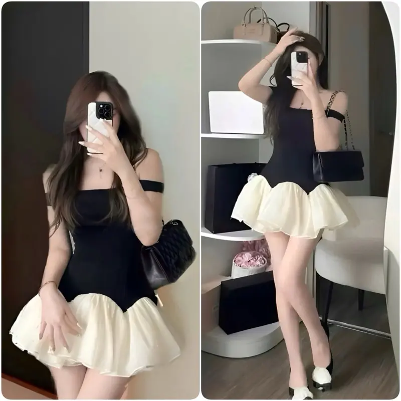 Váy Trễ Vai Màu Đen Phối Tơ Xốp Dáng Váy Xoè Bông Hoa 0