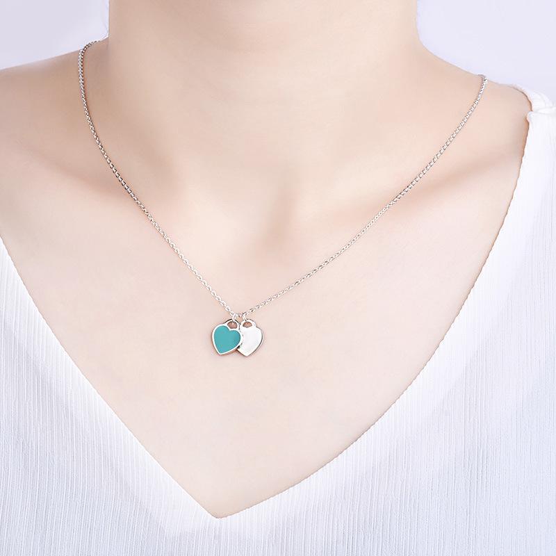 Vòng Cổ Hình Trái Tim, Dành Cho Nữ, Men Trái Tim Màu Đỏ Và Xanh Dương, Dây Chuyền Xương Đòn, Mặt Dây Chuyền Hình Trái Tim Đôi, J339 5