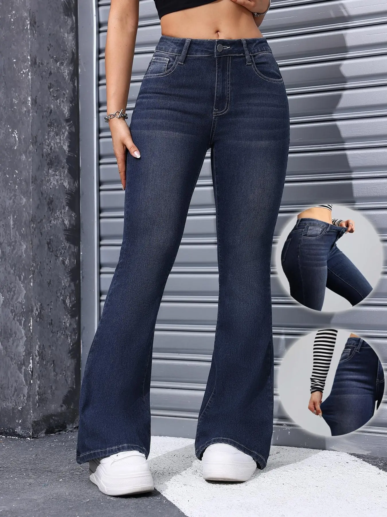 Women's Plain Flare Leg Jeans, Casual Button Fly Pocket Design Denim Trousers for Daily Wear, Ladies Bottoms for All Seasons, Womenswear, Bell Bottom Jeans, Streetwear