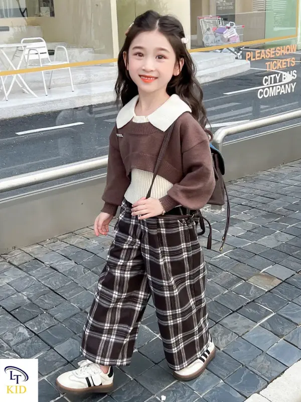 [PINI-S09] Set bộ 3 chi tiết: Aó croptop len tăm kèm áo ba lỗ cổ bẻ và quần dạ kẻ dáng xuông cho bé gái ( 9-31kg) 4