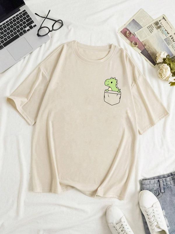 Women's Cartoon Dinosaur Print Drop Shoulder Tee, Casual Half Sleeve Round Neck T-shirt for All Seasons, Women's Top for Daily Wear, Womenswear 7