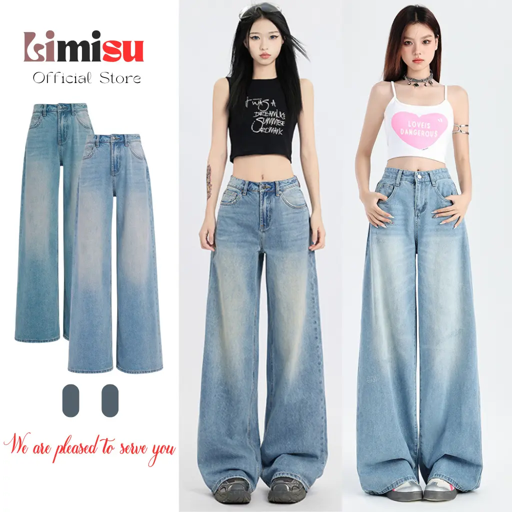 Quần Jean Nữ ống rộng cạp cao LIMISU Quần bò nữ ống rộng Wash RETRO tôn dáng form unisex JR