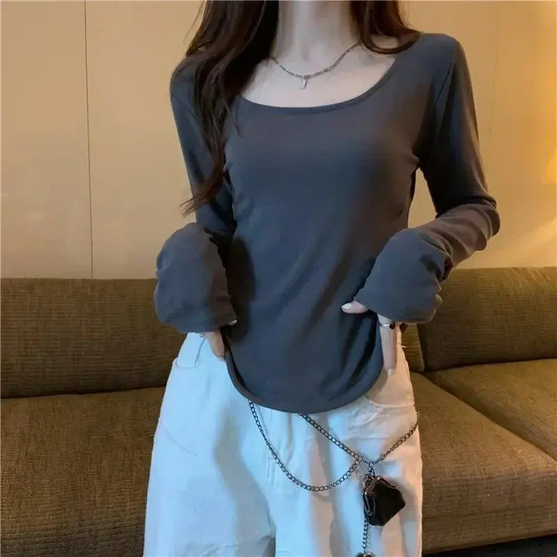 Áo Thun Cổ Vuông Dài Tay, Dành Cho Nữ, Trang Phục Mùa Xuân Và Mùa Thu, Viền Bất Đối Xứng Mỏng Vừa Vặn, Áo Thường Ngày Thích Hợp Cho Bé Gái, Áo Sơ Mi Đáy Áo Crop Top Thường Ngày Có Corset
