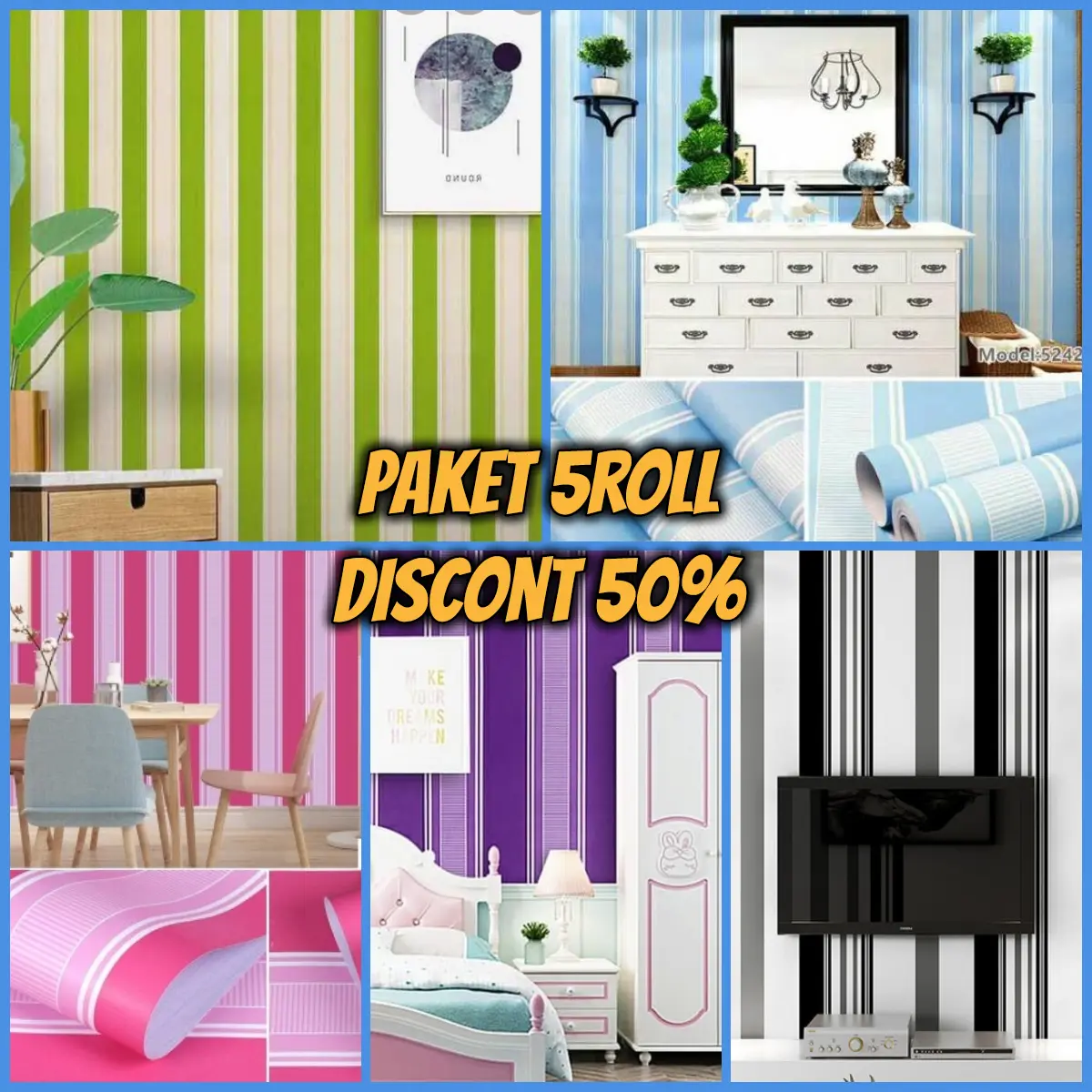 Terlaris ! Paket Wallpaper Dinding ( 5ROLL ) Wallstiker Premium Bahan PVC Best seller Motif Salur Modern