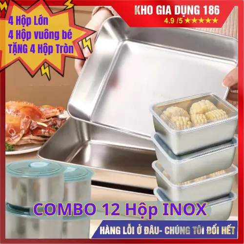 Combo hộp (khay) inox nhiều kích cỡ đựng thực phẩm có nắp đậy kín khí Hộp đựng đồ dùng tiện lợi