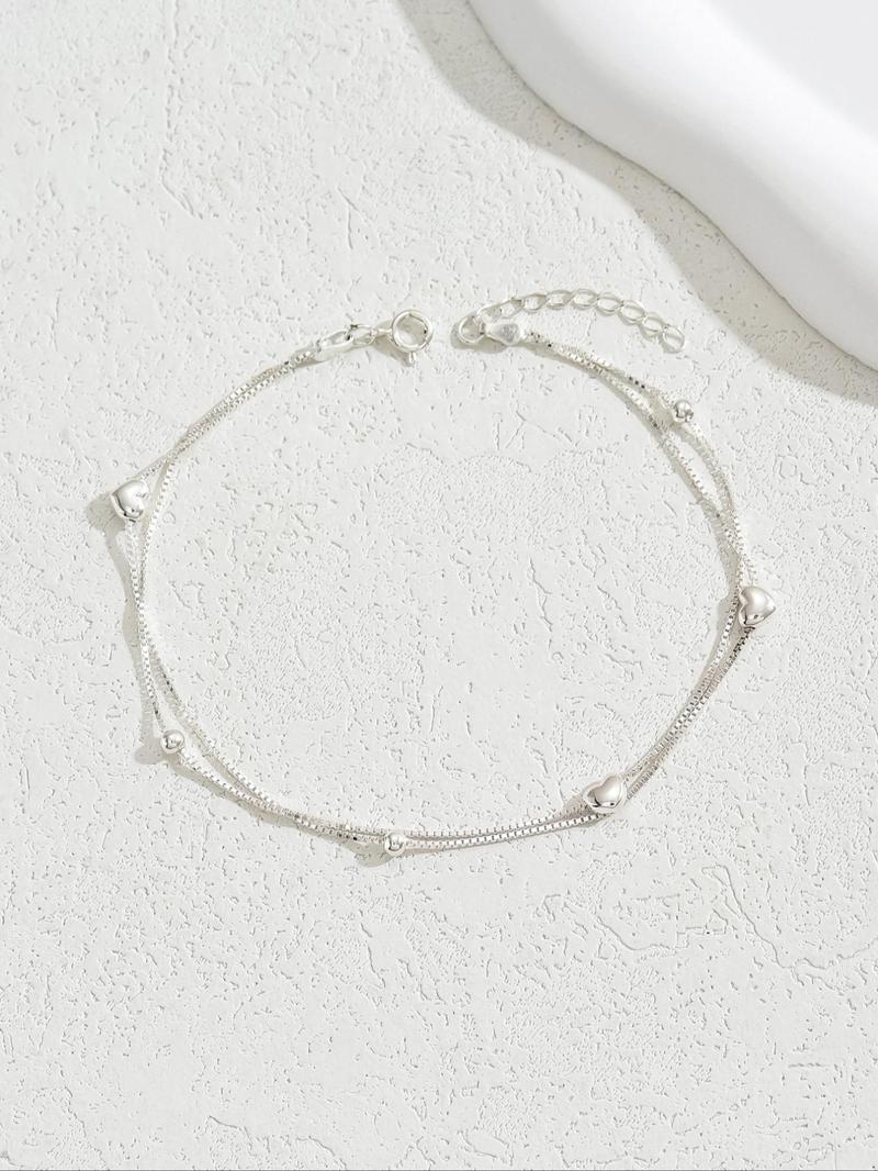 Product Introduction of 925 Sterling Silver Double Layer Heart Decor Adjustable Strap Anklet for Women, Fashion Jewelry for Party, Daily Clothing Decor, Trendy All-match & Exquisite Jewelry for Birthday Gift 4