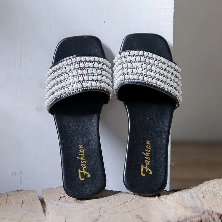 202543     Plus Size Women's Shoes 41 Slippers for Women Outdoor Wear Elegant Pearl Open Toe Sandals Square Toe Internet Celebrity Flat Slippers Women 42