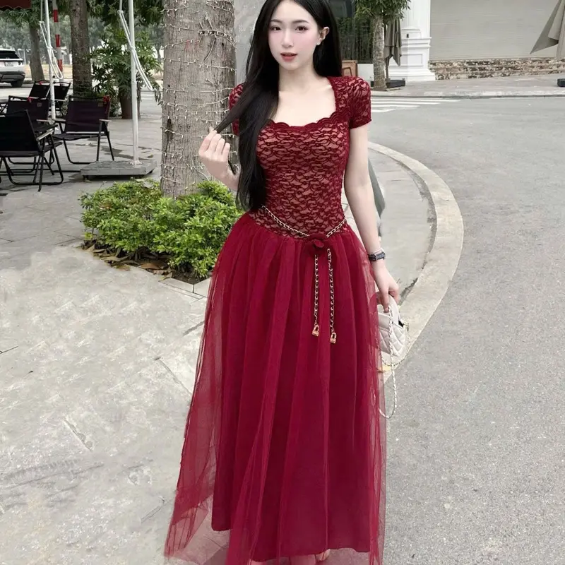 Bb36 Váy Ren Nhung Chân Lưới Dài Kèm Dây Eo Hoa ( chuẩn ảnh) tôn dáng nữ tính,38-54kg,szS/M 3