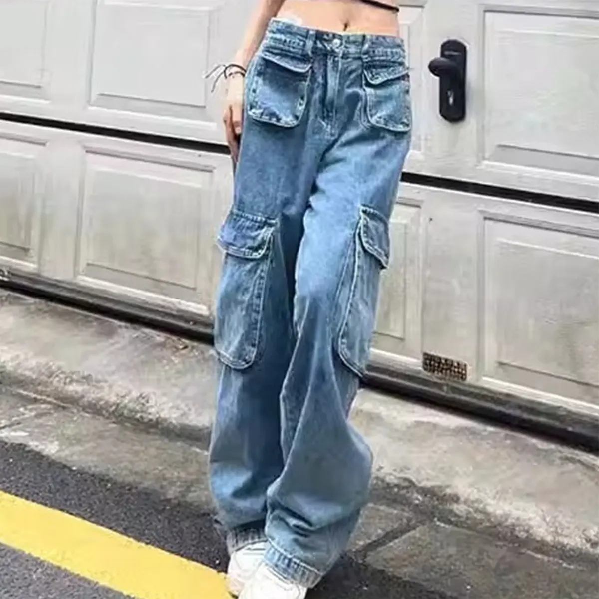 COD LULU Biru Highwaist Cargo Celana Jeans