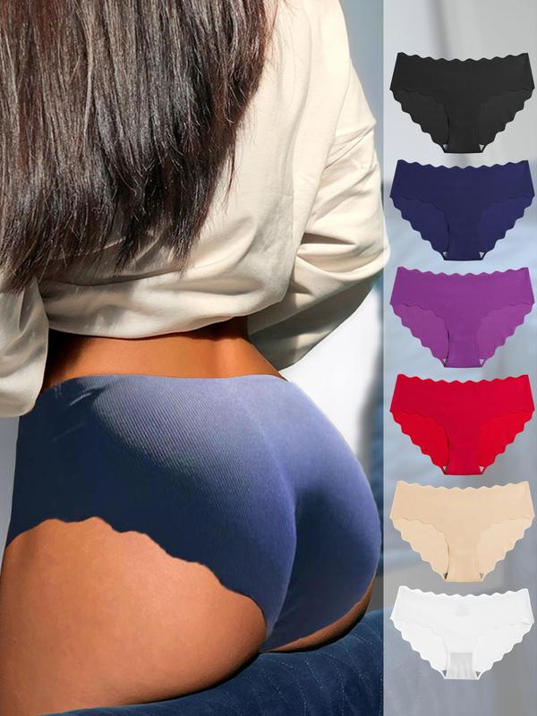 Women's 6pcs Minimalist Solid Scallop Trim Panty, Lady Basic Soft Comfort Seamless Knickers for Daily Wear All Seasons, Womenswear Underwear 3