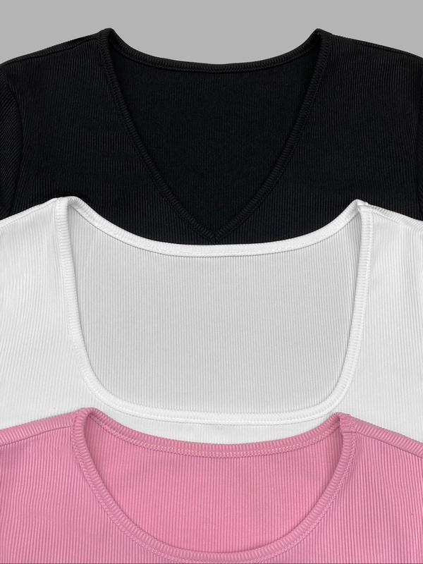 Women's Solid Color Ribbed Bodysuit, Casual Basic Short Sleeve One-piece Bodysuit for Summer, Ladies Clothes for Daily Wear 2