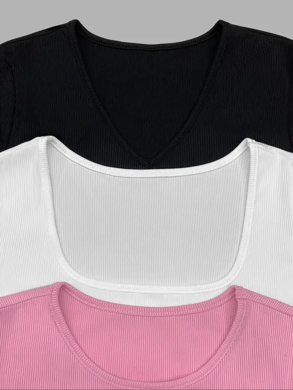 Women's Solid Color Ribbed Bodysuit, Casual Basic Short Sleeve One-piece Bodysuit for Summer, Ladies Clothes for Daily Wear 2