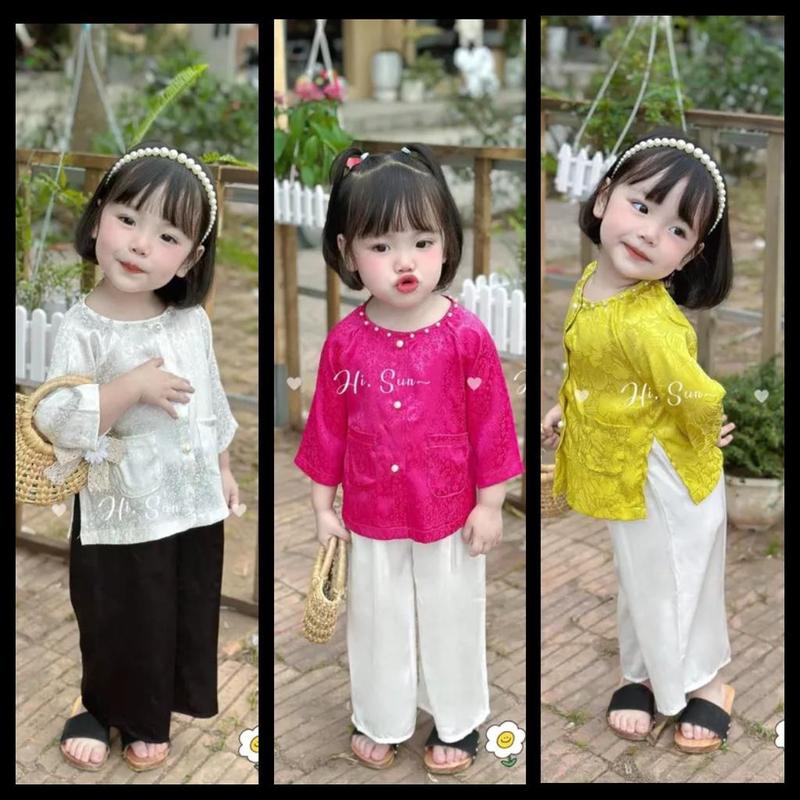 Bộ Quần Áo Bà Ba Lụa Satin Hoa Dành Cho Bé Gái 10-30kg