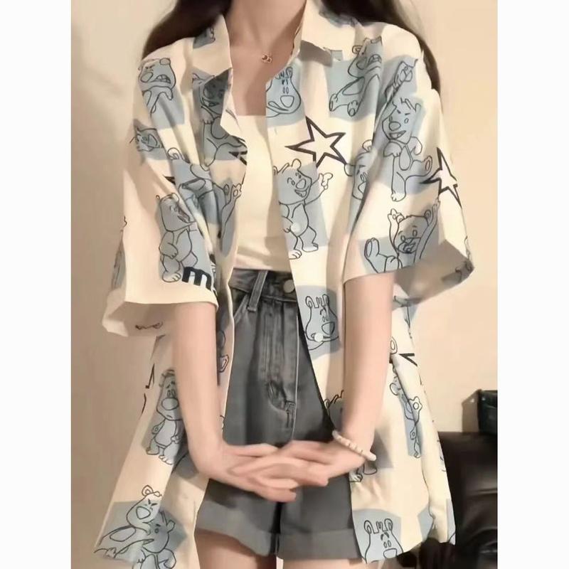 Áo Sơ Mi ngắn Tay Dáng Rộng Hình Gấu, Phong Cách Nhật Bản, Thiết Kế Đẹp, Áo Ngoại Cỡ Độc Đáo, Thích Hợp Cho Mùa Hè, Phong Cách Ins Muối, Hàng Mới Về 3