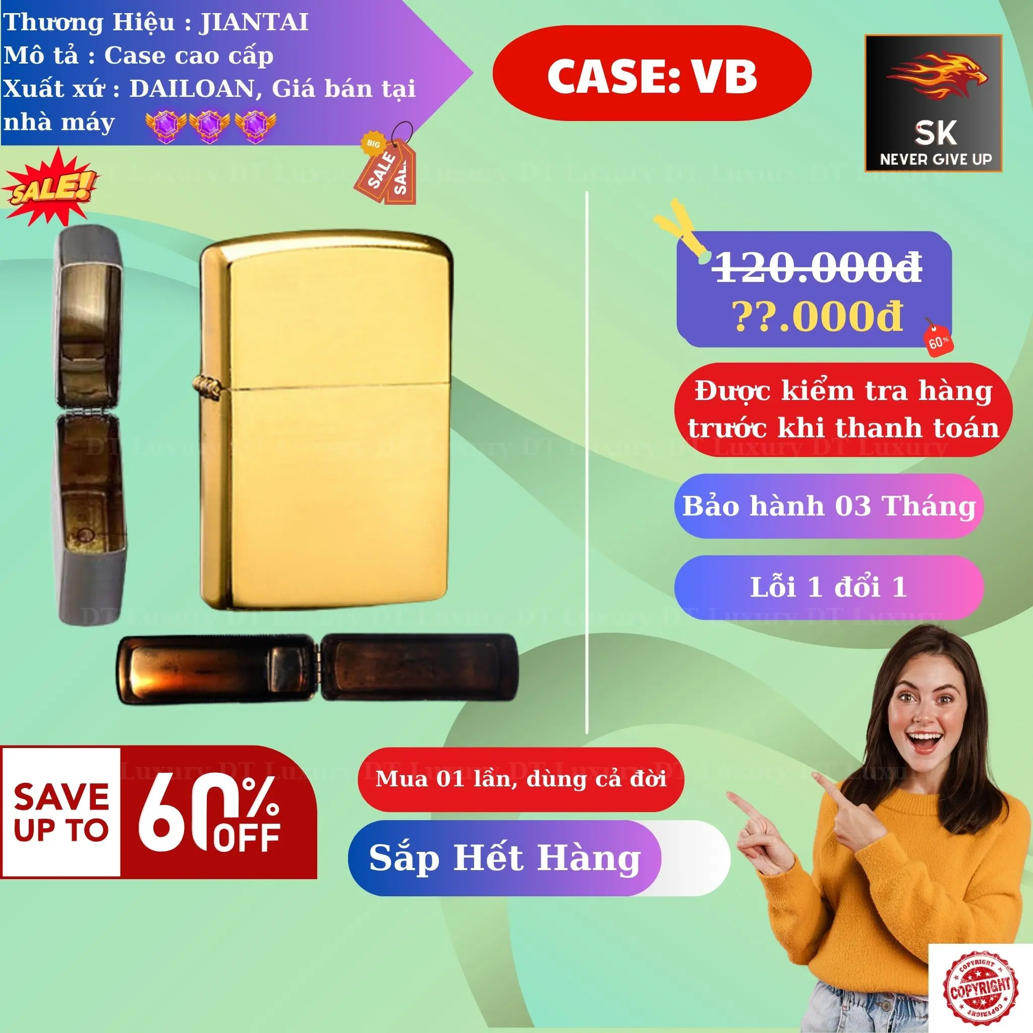 Case Quẹt JT Độc Lạ (H-0VB) Chất liệu đồng bạch (Không bao gồm nhiên liệu)