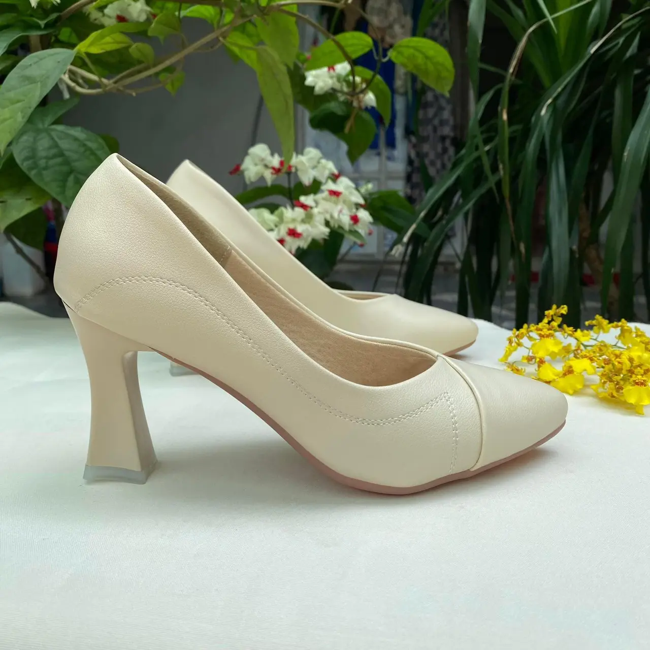 Giày cao gót nữ da mềm 5cm, 7cm hoạ tiết thêu cách điệu kẻ- Giày cao gót công sở Made in Việt Nam