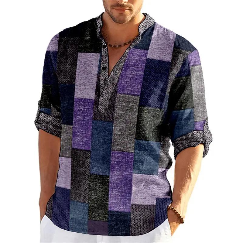 Product Introduction of Men's Spring and Summer Retro Fashion 3D Printed Color blocked Grid Pattern Henley Collar Long Sleeve Shirt Top 6
