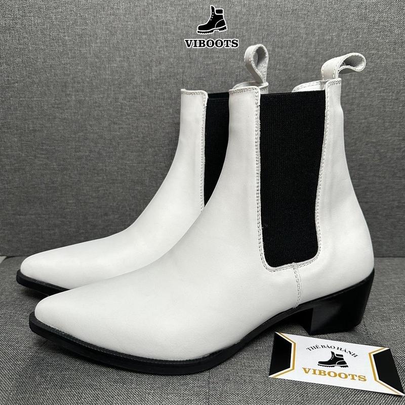 Chelsea Boots Trắng Sơn Tùng Đế Gỗ Cổ Chun Cao,  Giày Boot Mũi Nhọn Hiện Đại Gót Cao 5cm Da Trắng Lót Da Thật