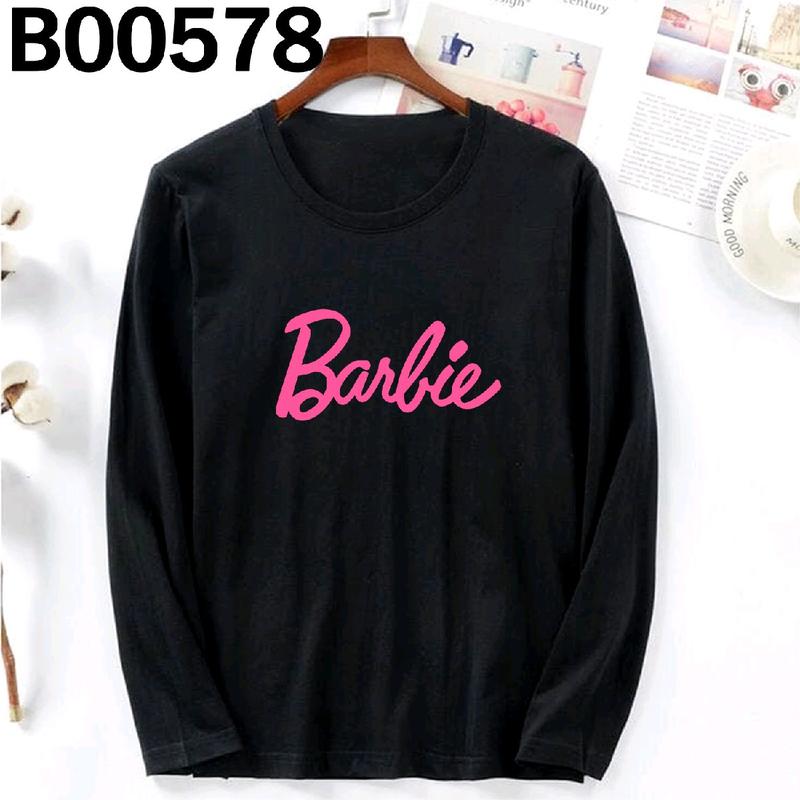  B00578 LONG SLEEVE TSHIRT BARBIE PINK CUTE GRAPHIC PLUS SIZE 3XL WOMEN MEN BAJU LENGAN PANJANG BESAR T SHIRT SUMMER LOOSE TEE COTTON CREW NECK CASUAL STREET BASIC SWEET STYLE NAVY BLUE 
