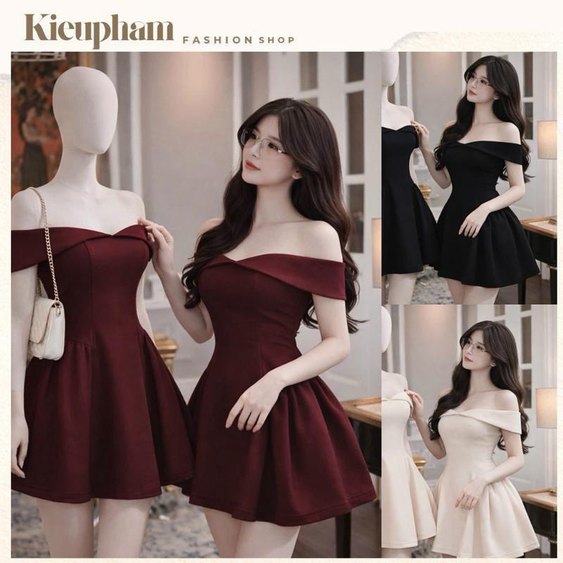 Váy Trễ Vai Dự Tiệc Dáng Xòe Tiểu Thư - Đầm Xòe Bồng Dự Tiệc Sang Trọng Đen/Đỏ/Kem Kieupham.shop