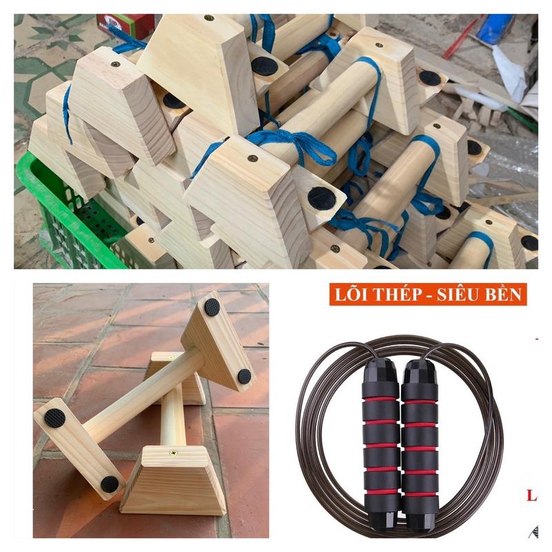 PARALLETTES GỖ + DÂY NHẢY LÕI THÉP - DỤNG CỤ HÍT ĐẤT CHỐNG ĐẨY BẰNG GỖ THÔNG CÓ ĐẾ CHỐNG TRƯỢT