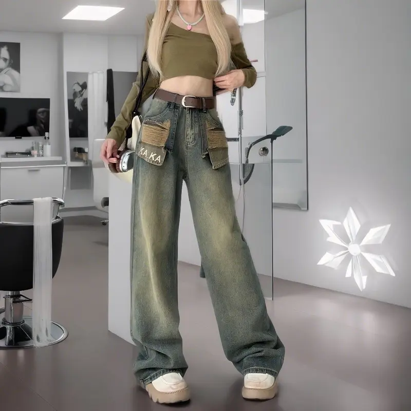 Quần suông phối chữ KAKA cáo xước túi cạp cao phong cách Pants Women Denim 0