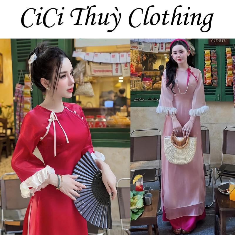 Sẵn Hàng Áo Dài Tết 2026 Tơ Tay Bèo Phối Nơ Cúc Bọc Cổ Tròn Tơ Bọt Biển Phù Hợp Chụp Ảnh Caffe Dáng Eo Nữ Women Dress Đỏ