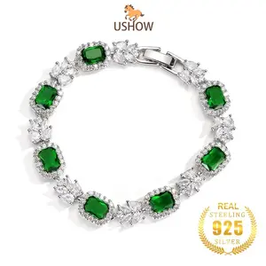 USHOW Gelang Zamrud Perhiasan Permata Penuh Untuk Wanita Perak 925