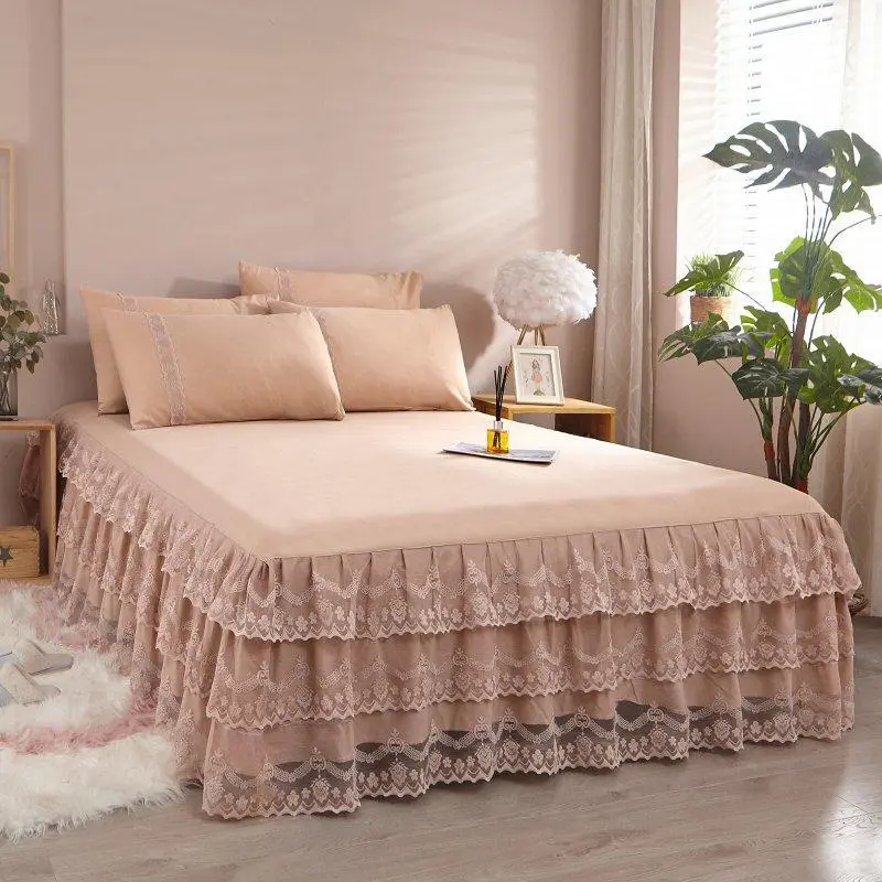 Lace bedsheet solid color bed sheet cover with bed skirt skirting sheet wedding bedding set skirt bed sheets single Queen king size bed sheets wedding