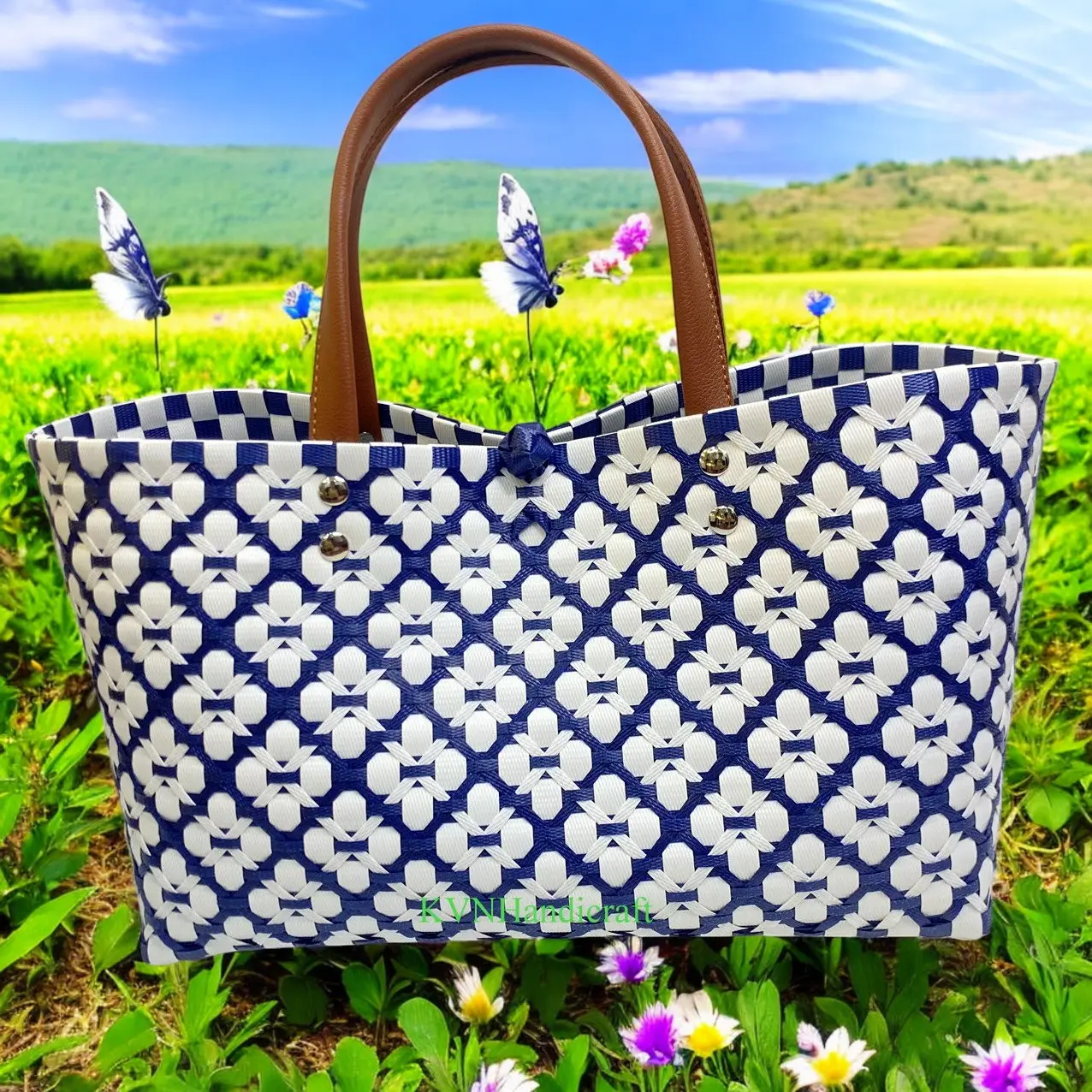 Giỏ Đan Nhựa Hình Hoa Mai,Túi Xách Đan Tay Thủ Công Handmade, Làn Nhựa Đi Chợ,Túi Xách Đẹp Đi Biển,Sọt đựng đồ