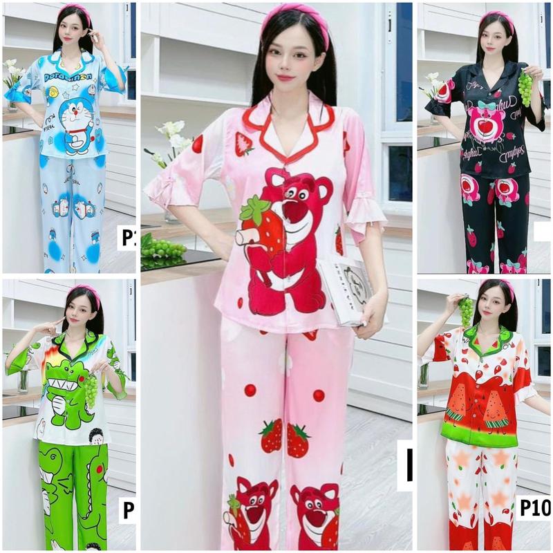 (40-76kg)Đồ bộ pijama tay lỡ quần dài lụa xước thiết kế mới dễ thương, pijama nữ, đồ bộ pizama lụa xước mềm mịn P1