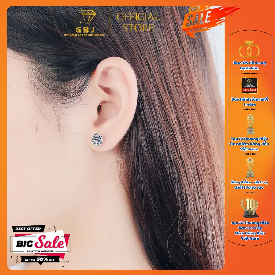 Hoa Tai Bạc 6 Chấu (chốt đẩy) Tim Đôi 4Li Viên Chủ Moissanite Thanh Lịch Phong Cách Unisex GBJ858