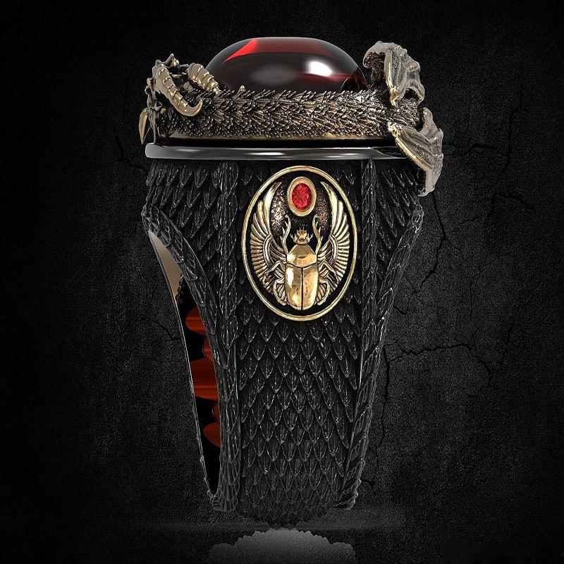 Dargon and Phoenix vintage black gold men's ring Engraved gold and red garnet ring Anniversary gift Wedding 5