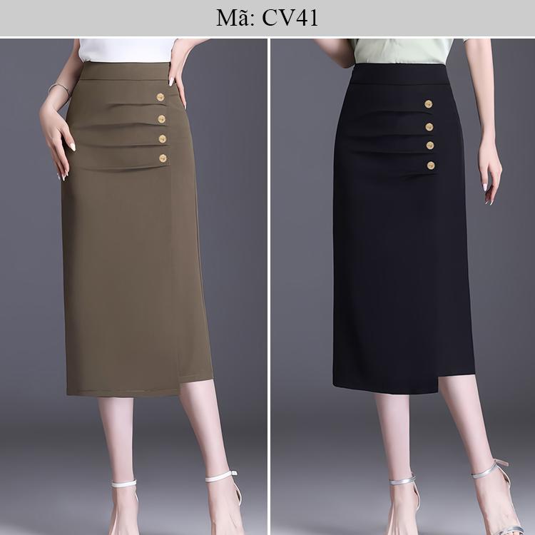 CV41 - Chân váy dáng xuông gọn, nhấn ly + 4 cúc sang xịn mịn