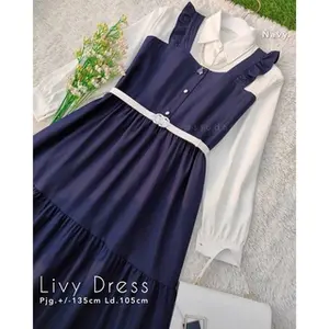 Gamis Remple Wanita Korean Style Livy Dress Remaja Free Belt Aksen Kancing dengan Karet Pinggang