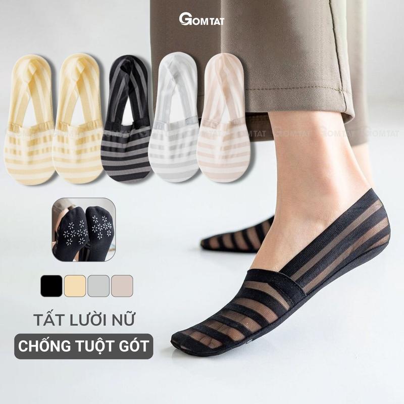 Tất lười nữ GOMTAT cao cấp, vớ mang giày lười sọc ngang chất liệu cotton hút ẩm thoáng khí khử mùi, tất vớ lười có đệm silicone chống tuột - D16-A075-1DOI