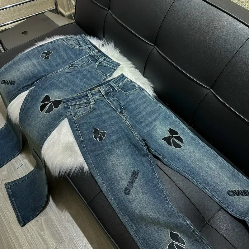 [N550 - Loe] Quần Jean Ống Loe thêu nơ đính đá chất vải QC mềm co giãn màu xanh rêu bụi dài 95cm 2