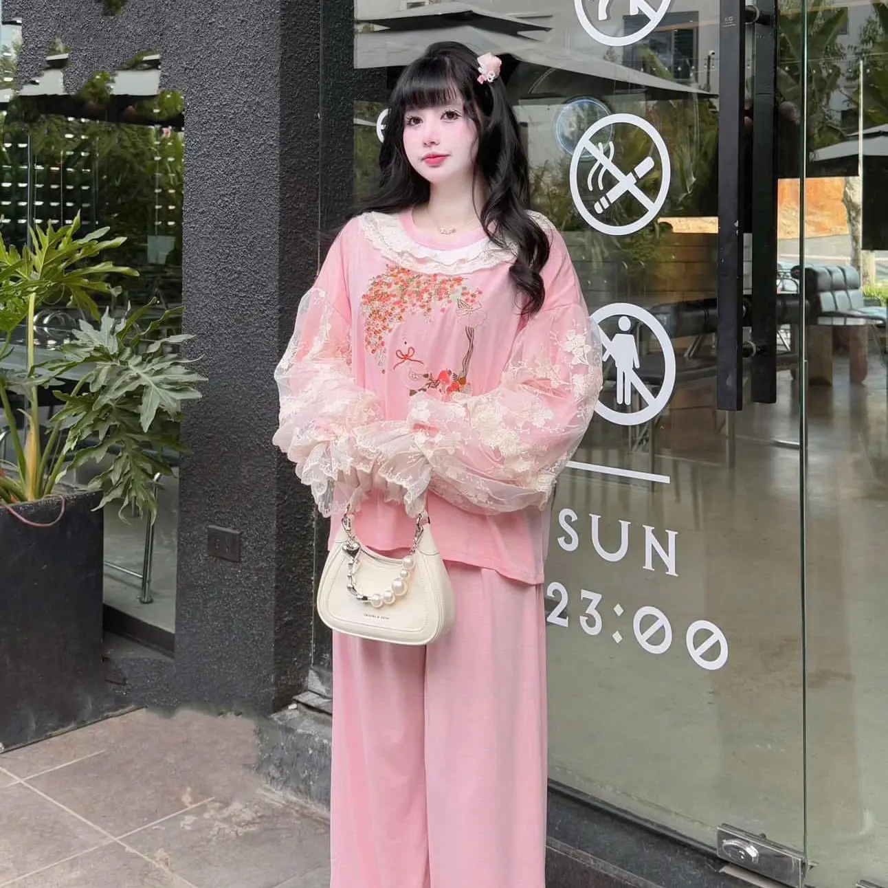Sét thun dài tay phối ren cổ bèo 2 màu hồng , ghi xám hàng qccc
