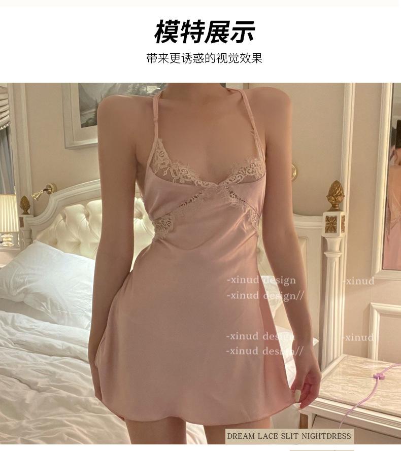 Product Introduction of Sexy lingerie deep V lace backless satin women's home clothes suspenders pajamas nightdress Loungewear Nightwear night  dress Womenswear Homewear victoria s 7
