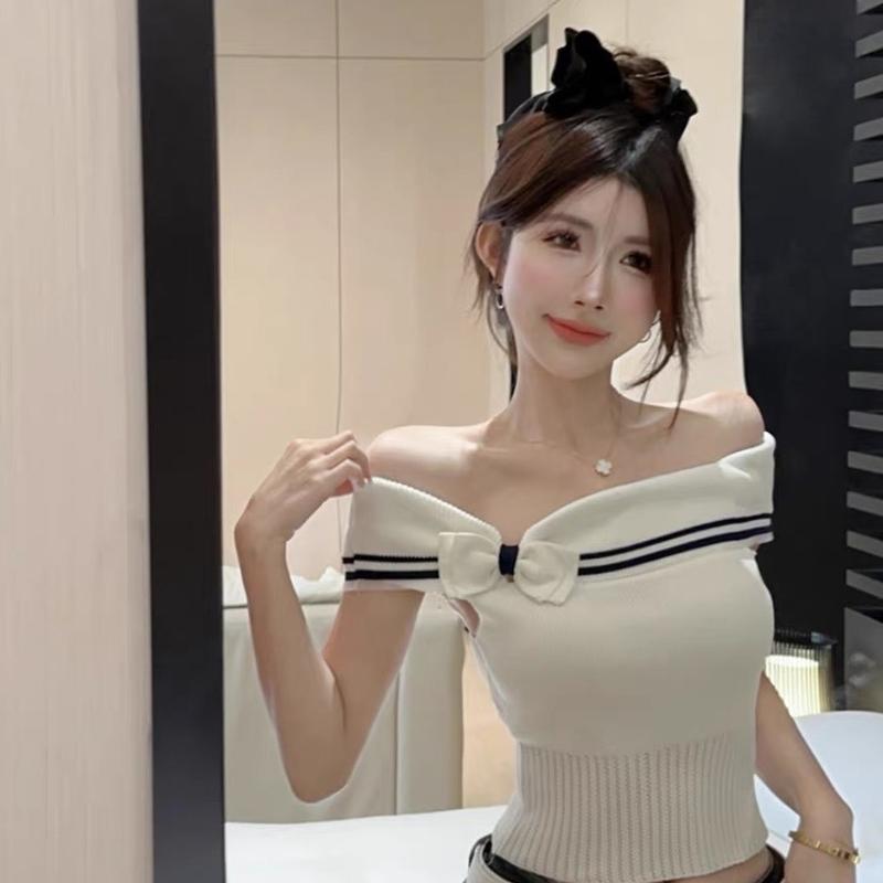 Áo Trễ Vai Màu Trơn Phối Nơ Phong Cách Dịu Dàng Dành Cho Nữ Women Top Trắng áo  len xinh