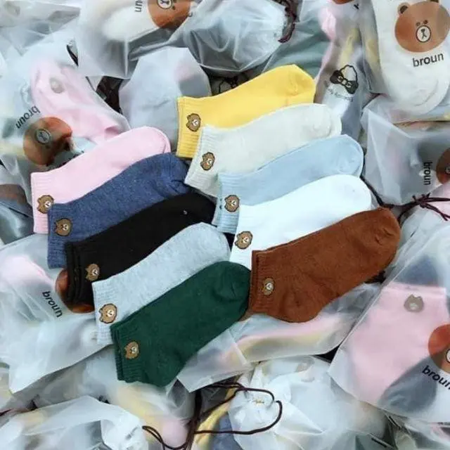 Combo 10 đôi tất nữ cổ ngắn hình gấu cute tặng kèm túi rút Jean Kem 5