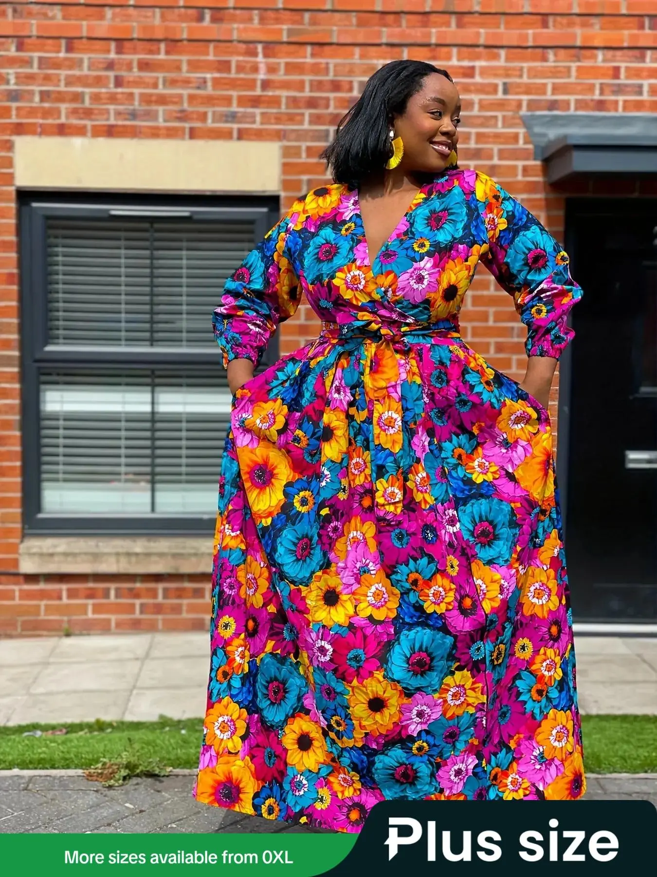 【Plus Size】Floral Print Belted Dress, Boho Fashion Casual Long Sleeve Dress for Daily Holiday Vacation Wear, Women Plus Clothing for All Seasons