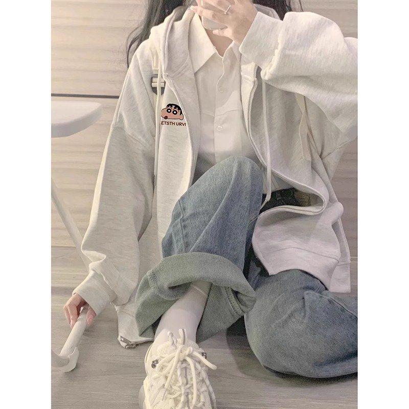 Áo Len Cardigan Có Mũ Trùm Đầu, In Bút Chì Màu, Dành Cho Nữ, Dáng Rộng Vừa Vặn, Lót Lông Cừu / Phần Mỏng, Áo Khoác Có Khóa Kéo, Hợp Xu hướng, Thích Hợp Cho Mùa Xuân Và Mùa Thu 4