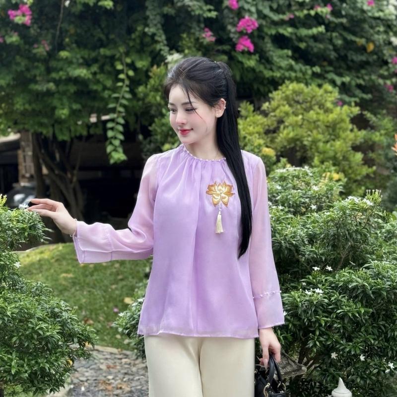 Lẻ áo lụa tơ thêu sen đính ngọc có tặng kèm charm -Pháp phục Hà Anh ( áo kèm quần) Nữ Women 3