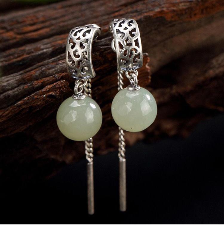 Product Introduction of Ladies green long section Chinese style natural Hetian white jade inlaid round bead earrings exquisite fashion jewelry 0