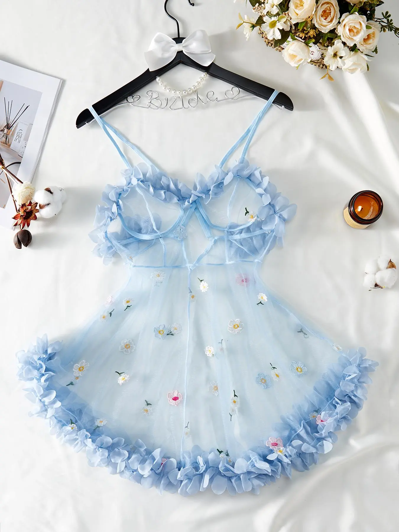 Women's Floral Embroidery Ruffle Hem Cami Nightdress, Cute Pastel Adjustable Spaghetti Strap Criss Cross Backless Sheer Nightgown, Soft Comfortable Cute Sleepwear Night Dress for Women, Womenswear