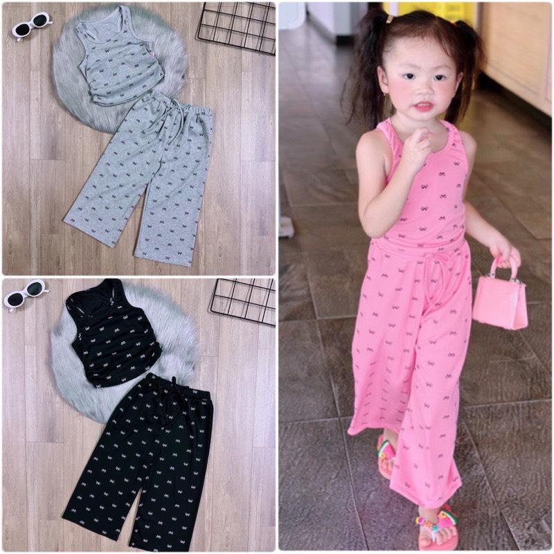 Set bộ áo thun balo quần suông hoạ tiết nơ dễ thương chất thun cotton bé gái từ 08-25kg